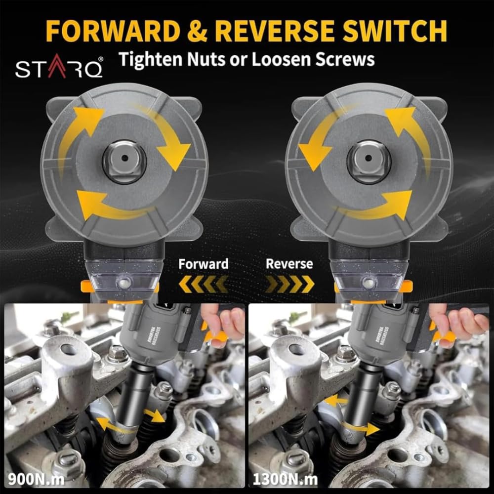 STARQ Heavy Duty 21V Cordless Impact Wrench with 2 Batteries | 2 Variable Speed | Build-In LED Lights | Forward & ReverseSwitch | Yellow (Wrench-combo)