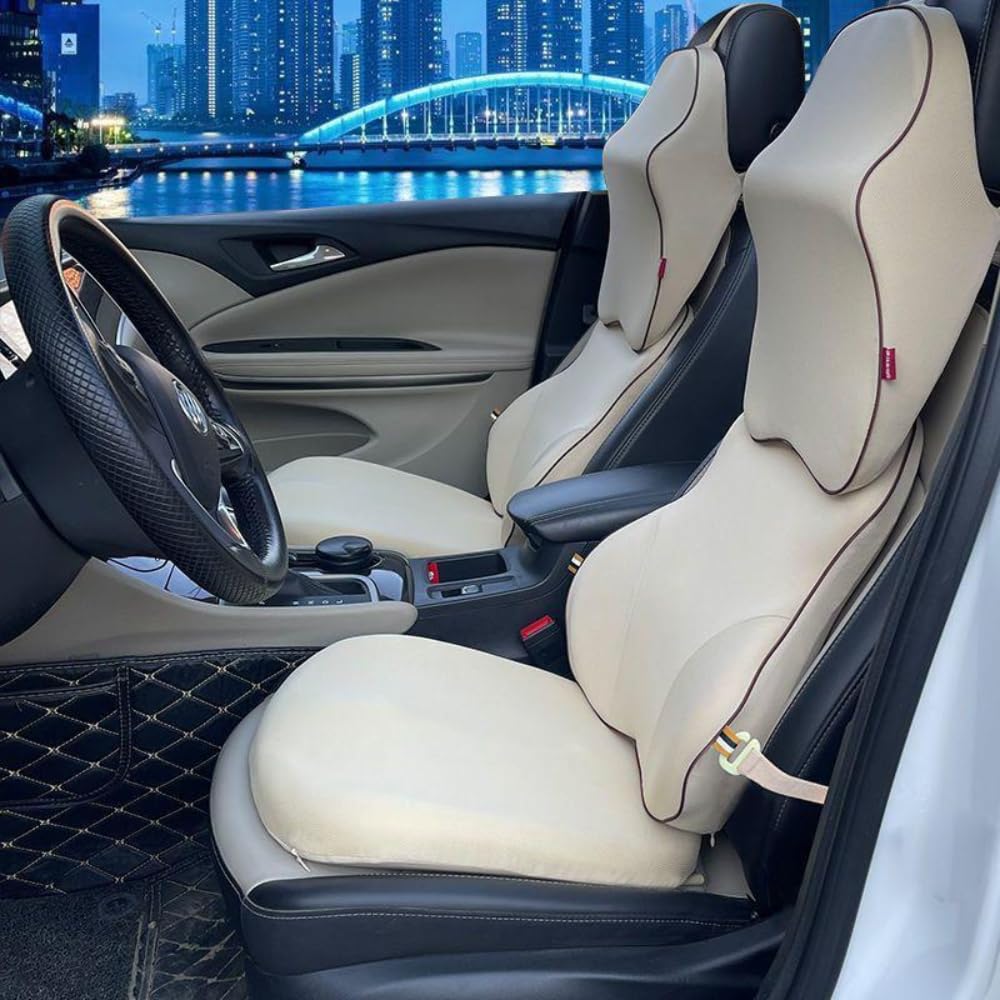 STARQ Premium Car Seat Cushions Combo | Seat Back Support, Neck Rest Pillow, Seat Cushion for Driving Seat | Memory Foam, Cotton Cover | Ergonomic Car Cushions Pillows (Premium-Cream)