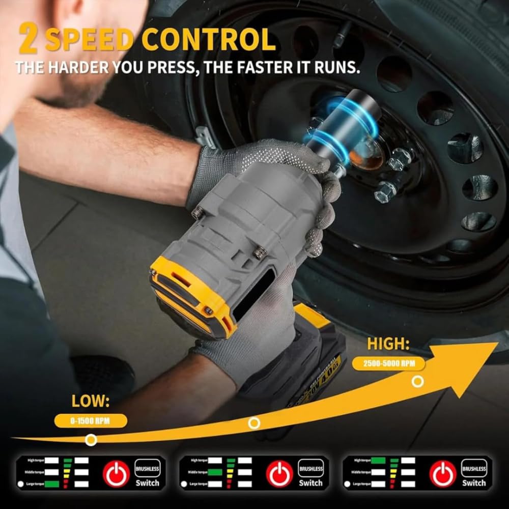 STARQ Heavy Duty 21V Cordless Impact Wrench with 2 Batteries | 2 Variable Speed | Build-In LED Lights | Forward & ReverseSwitch | Yellow (Wrench-combo)