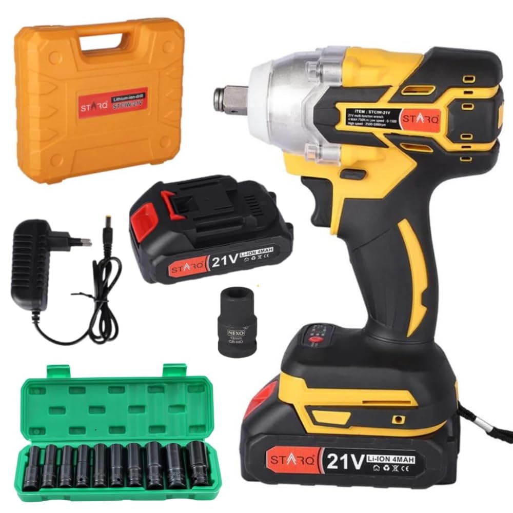STARQ Heavy Duty 21V Cordless Impact Wrench with 2 Batteries | 2 Variable Speed | Build-In LED Lights | Forward & ReverseSwitch | Yellow (Wrench-combo)