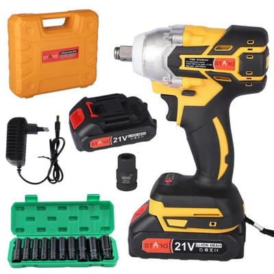 STARQ Heavy Duty 21V Cordless Impact Wrench with 2 Batteries | 2 Variable Speed | Build-In LED Lights | Forward & ReverseSwitch | Yellow (Wrench-combo)