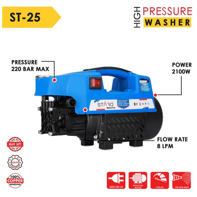 Starq ST25 High Pressure Washer, Car Washer, 2100 Watts Motor, 150 Bars, 8L/Min Flow Rate, 8 Meters Outlet Hose, Portable, Car, Bike & Home Cleaning