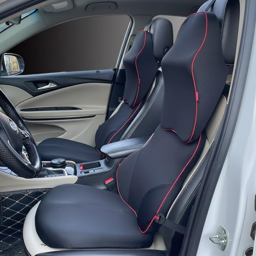 STARQ Premium Car Seat Cushions Combo | Seat Back Support, Neck Rest Pillow, Seat Cushion for Driving Seat | Memory Foam, Cotton Cover | Ergonomic Car Cushions Pillows (Premium-Black)