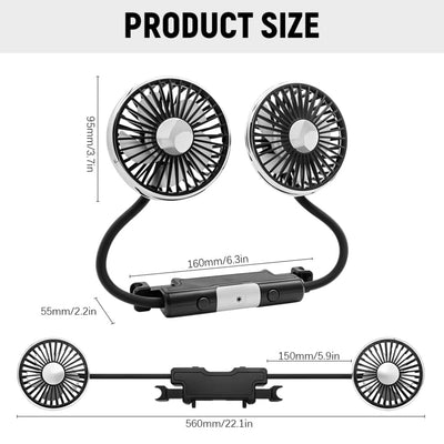 STARQ F310 Dual Head Car Fan USB with Flexible Hose, 360° Rotation, Silent Cooling with LED Light, 3-Speed Powerful Rear Seat Headrest Fan for Cars