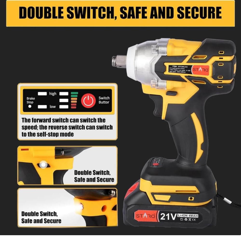 STARQ Heavy Duty 21V Cordless Impact Wrench with 2 Batteries | 2 Variable Speed | Build-In LED Lights | Forward & ReverseSwitch | Yellow (Wrench-combo)