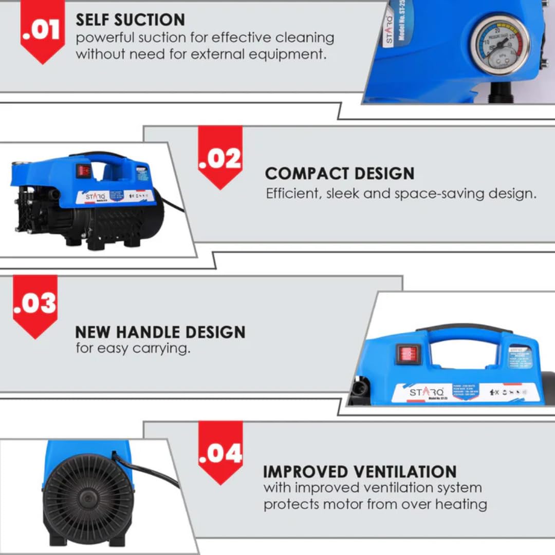 Starq ST25 High Pressure Washer, Car Washer, 2100 Watts Motor, 150 Bars, 8L/Min Flow Rate, 8 Meters Outlet Hose, Portable, Car, Bike & Home Cleaning