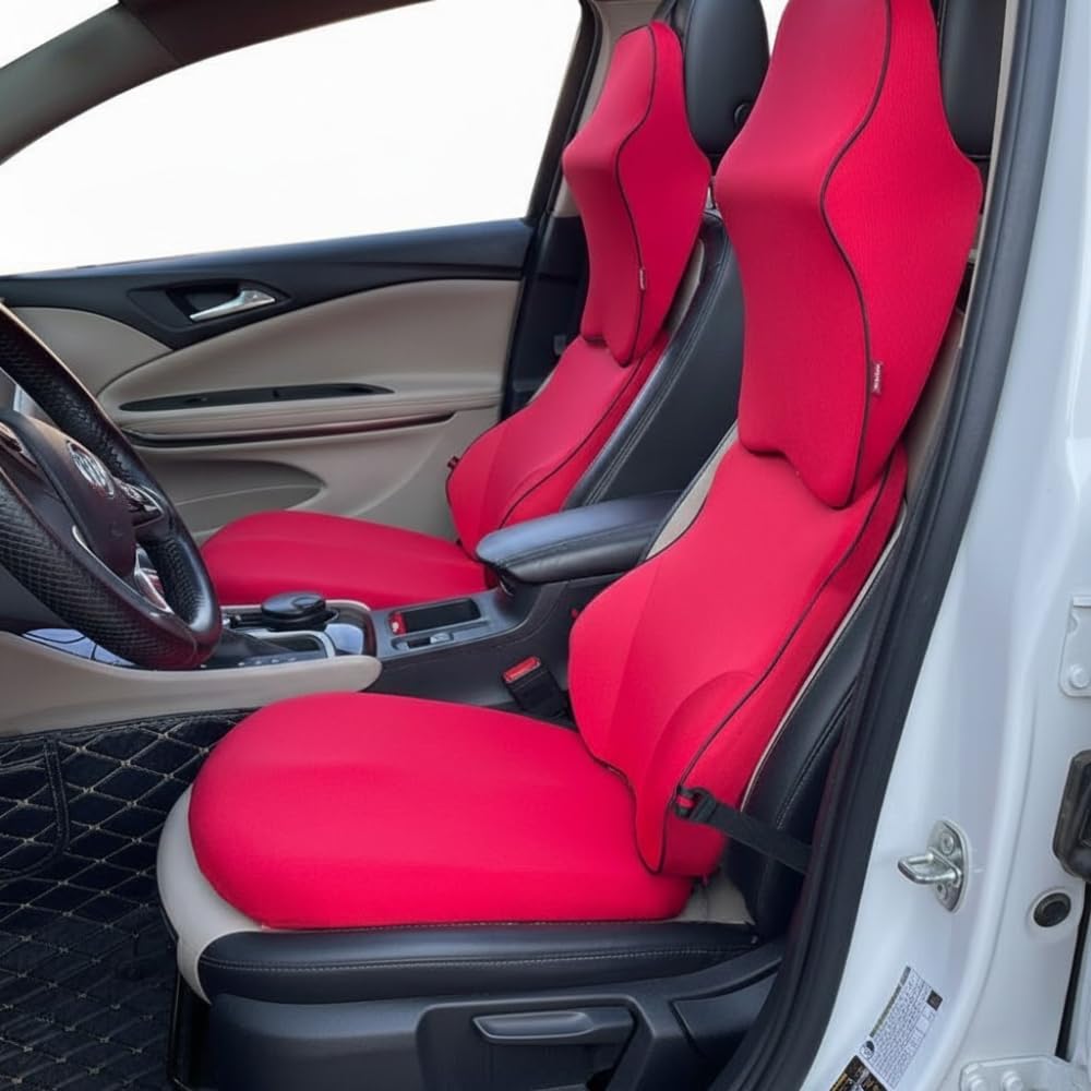 STARQ Premium Car Seat Cushions Combo | Seat Back Support, Neck Rest Pillow, Seat Cushion for Driving Seat | Memory Foam, Cotton Cover | Ergonomic Car Cushions Pillows (Premium-Red)