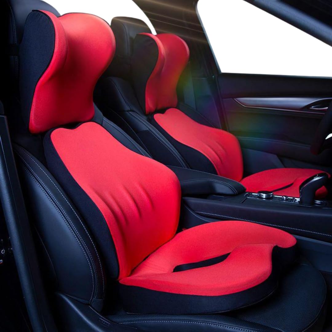 STARQ Premium Car Seat Cushions Combo Seat Back Support, Neck Rest Pillow, Seat Cushion for Driving Seat Memory Foam, Cotton Cover Ergonomic Car Cushions Pillows (Red)