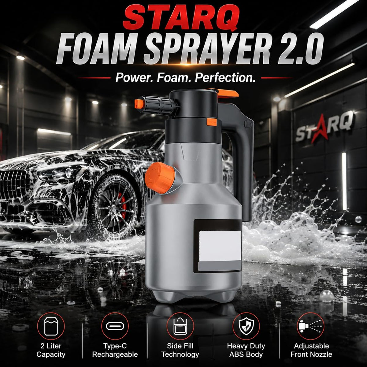 STARQ Foam Sprayer 2.0 Electric Foam Cannon 2L Cordless Rechargeable Foam Blaster with Side Filling System Adjustable Nozzle for Car Wash Bike Auto Detailing Garden & Home Cleaning