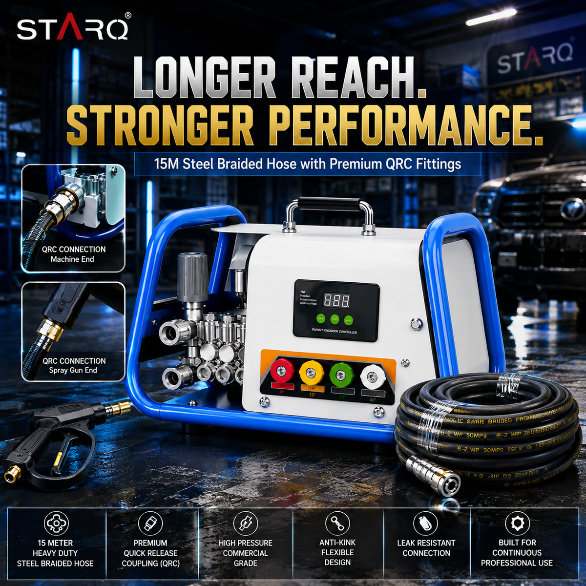 STARQ STPMDC 3.6 Commercial High Pressure Washer 2700W 3.6HP PMDC Motor 230 Bar 15 LPM Digital Display 15m Steel Braided Hose with QRC 4 Nozzles for Car Bike Home Truck