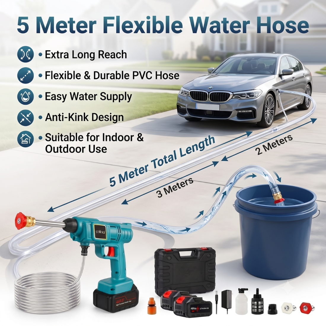 Starq TurboFlow Cordless Portable 48V Wireless Pressure Washer Gun - 12000mAh High Pressure Water Gun for Car and Bike Wash, Brushless Motor, 5M Hose Pipe, Double Battery Included