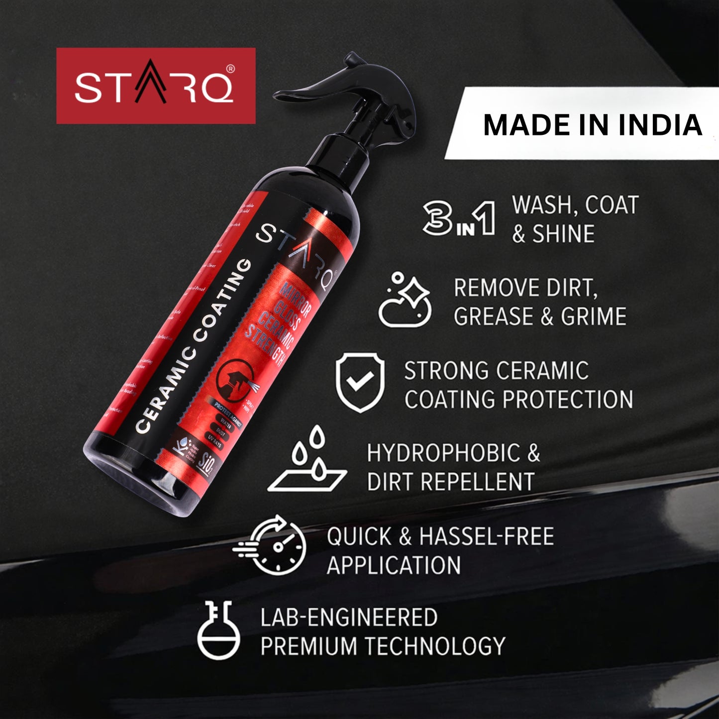 STARQ Ceramic Coating Spray 300ml – Extreme Hydrophobic Protection, High Gloss Finish, Advanced UV Protection, Easy DIY Ceramic Coating for Cars & Bikes