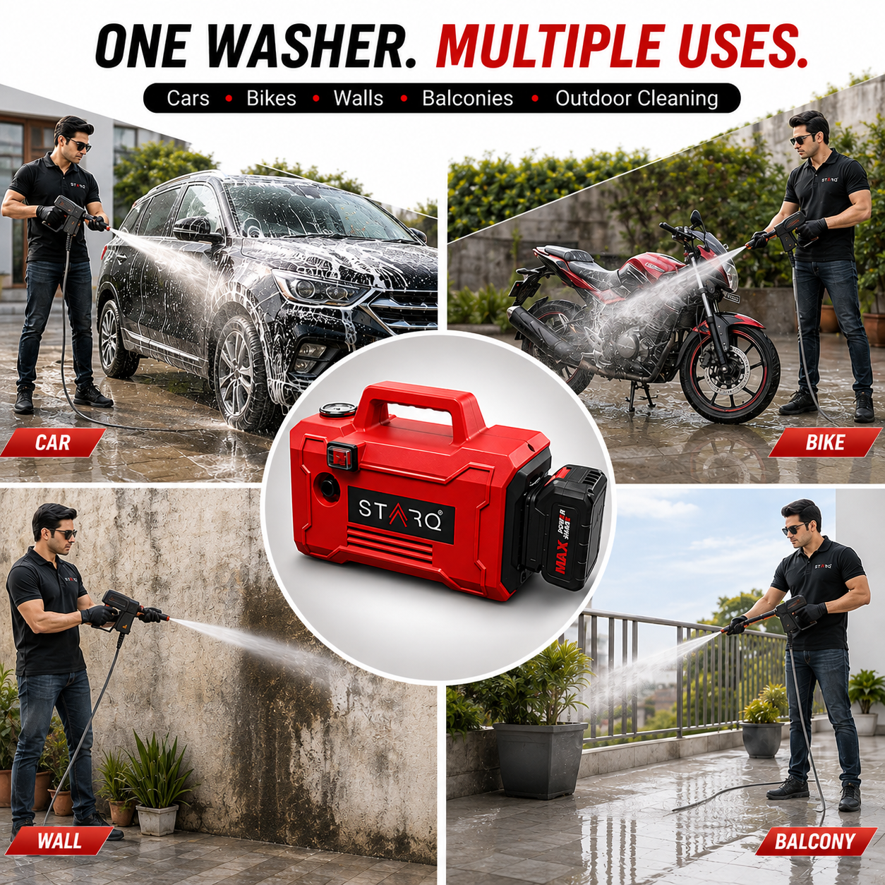 STARQ TurboElite 48V Cordless High Pressure Washer, 1200 Watts, 120 Bar, 8 LPM, with 5000mAh Batteries, 8 Meter Hose Portable Car, Bike, and Home Cleaning (Single Battery Included)