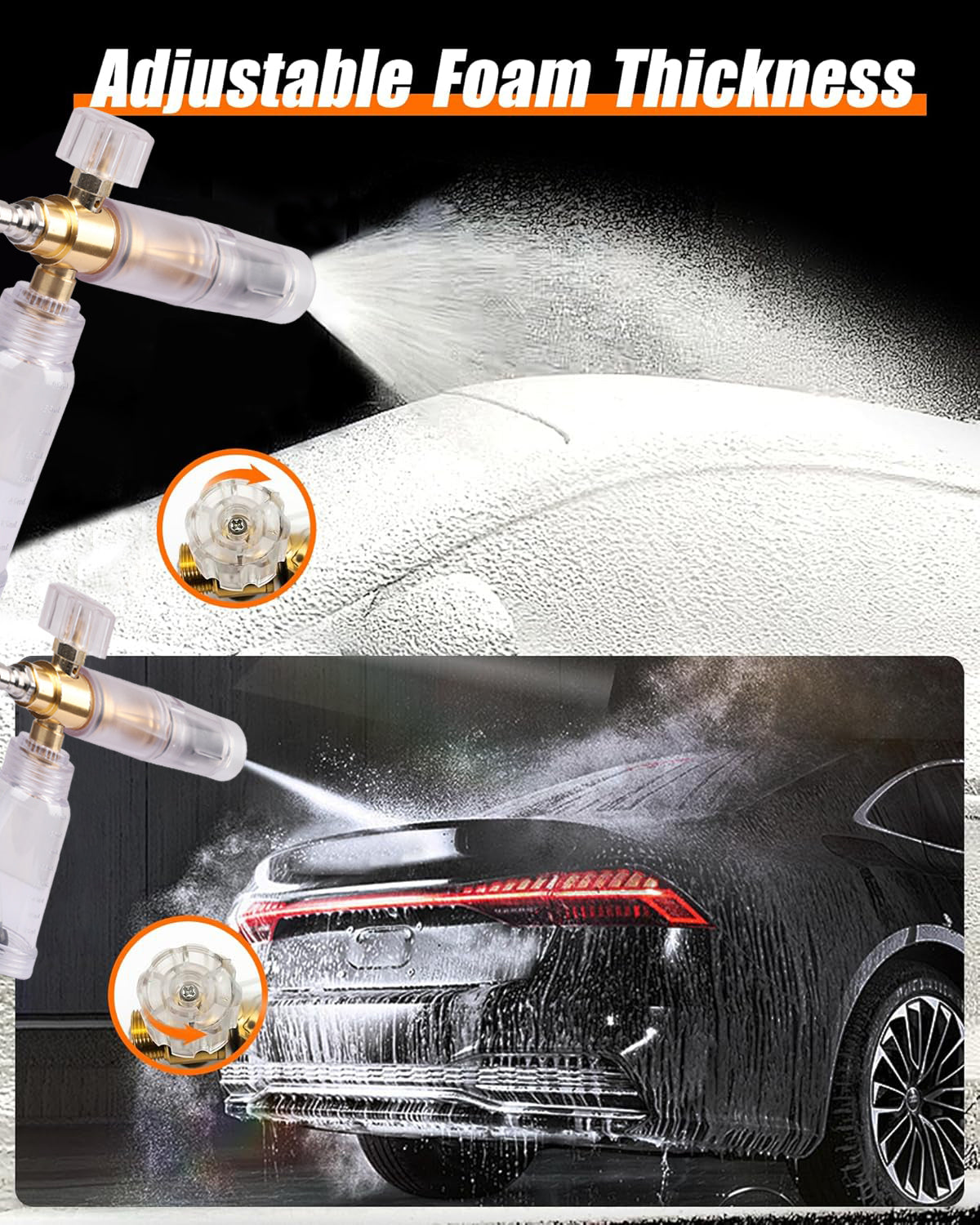 STARQ Nano Compact Size Heavy-Duty Professional Concentrate Foam Cannon Snow Lance 100 mL Bottle with 1.1mm Orifice 1/4″ Quick Connector for Pressure Washer Easy Gravity Fed Comes with Adapter