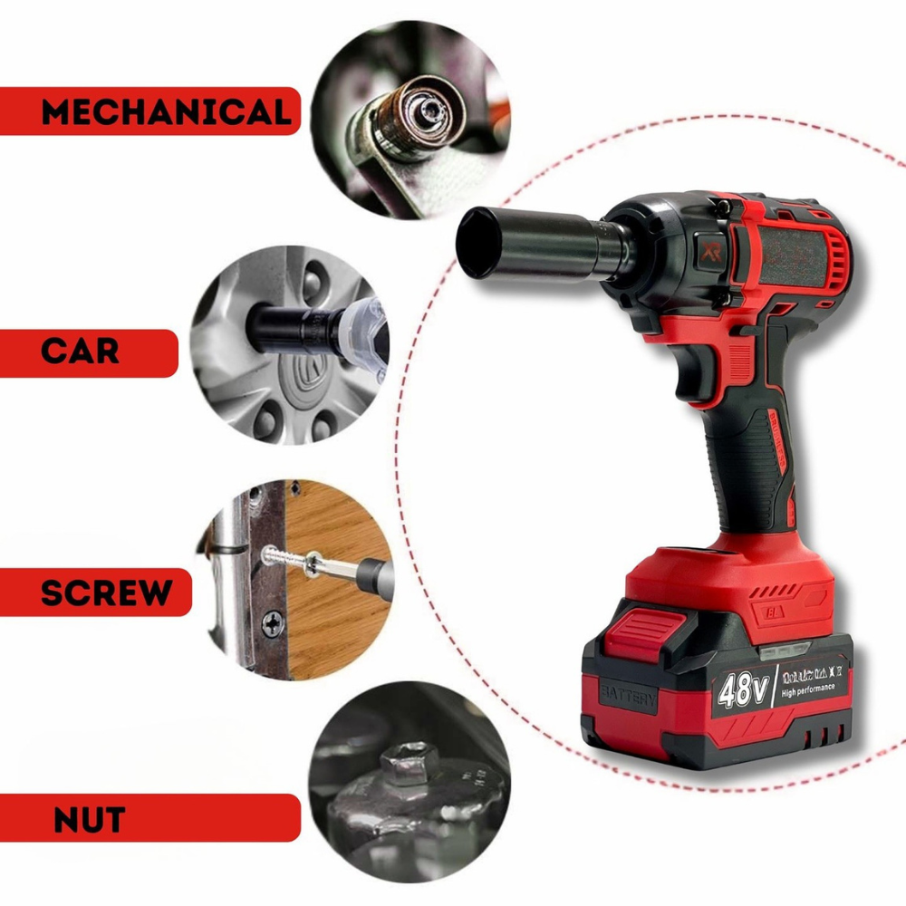 STARQ 4-in-1 Cordless Impact Wrench/Driver Drill 48V, 850Nm Torque, 2×5.0Ah Li-ion Batteries, Variable Speed, LED Light | 30-Piece Kit of Sockets & Bits, Fast Charger & Carry Case.