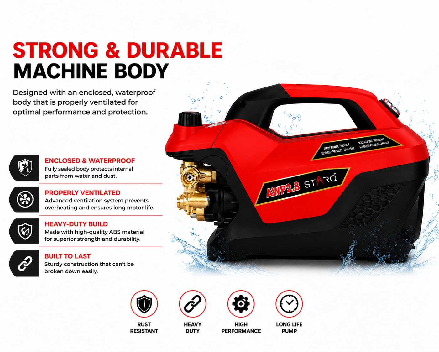 STARQ AWP 2.8 Super Combo High Pressure Car Washer | 2800W Motor, 350 Bar, 12L/Min Flow, 8M Hose Pipe | Professional 1L Foam Cannon Snow Lance (Red) with Pressure Control Knob