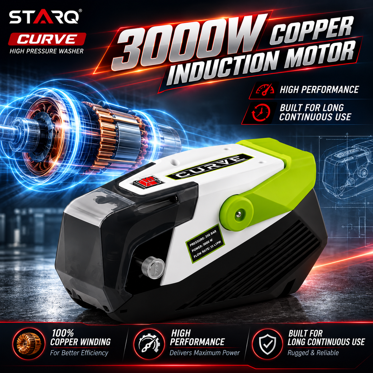 Starq curve High Pressure Washer, Car Washer, 3000 Watts Motor, 350 Bars, 15L/Min Flow Rate, 10 Meters Outlet Hose, Portable, Car, Bike & Home Cleaning