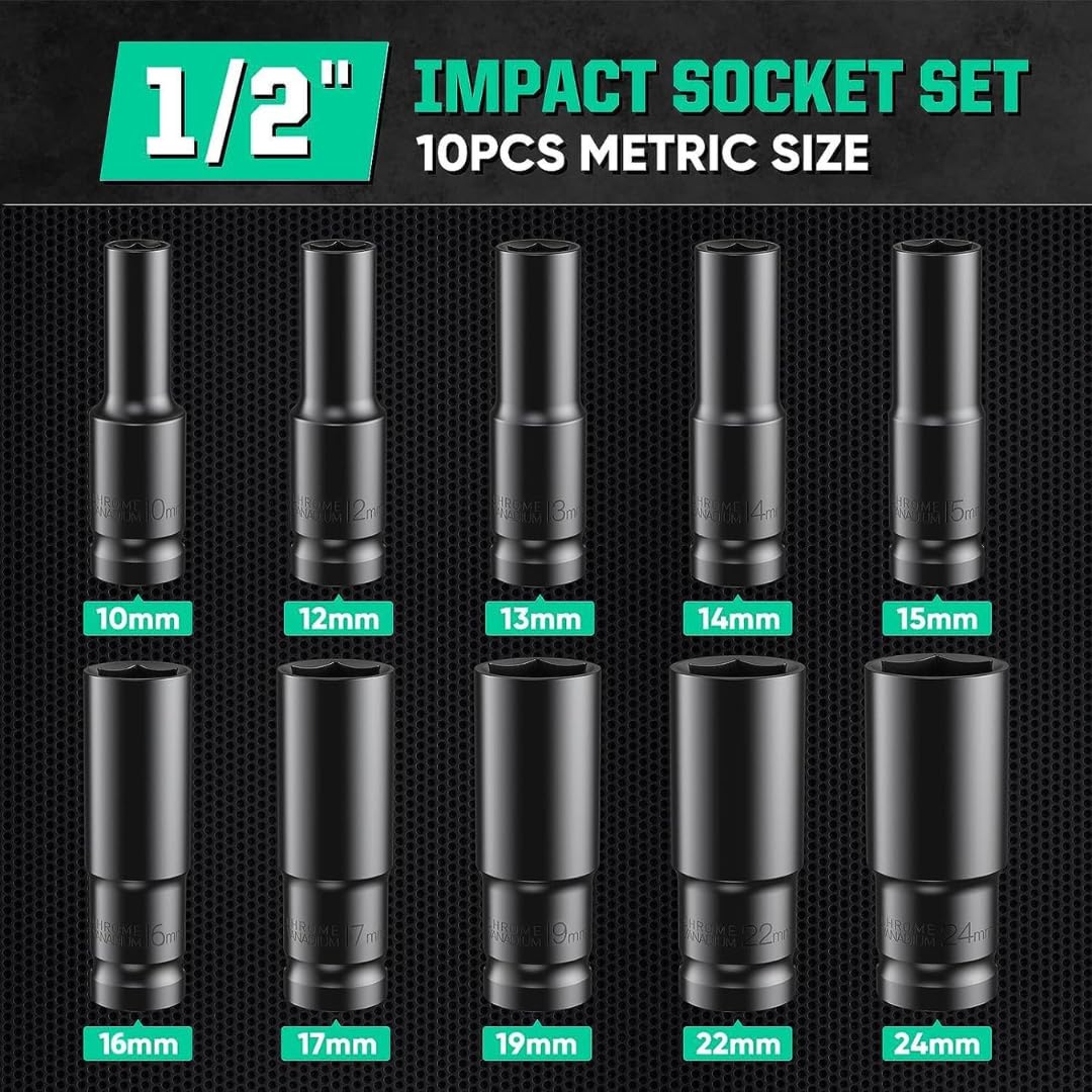 STARQ 10pcs Deep Impact Socket Set Universal Socket Metric Drive Hex Long Socket Set Wrench For Air Pneumatic Repair Tools 10-24MM Size
