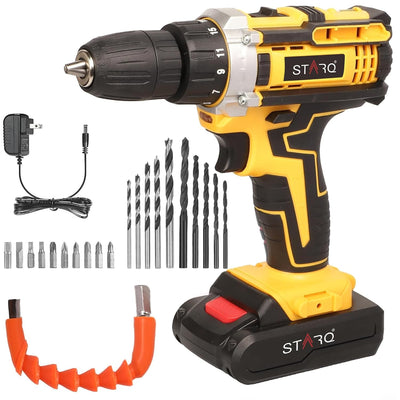 STARQ 21V Li-ion Dual Speed Keyless Chuck Drill |Cordless Drill | Drill Driver | Screwdriver with 2 Batteries, LED Torch Variable Speed and Torque Setting (18+1). (With Batteries) (21v-drill kit)