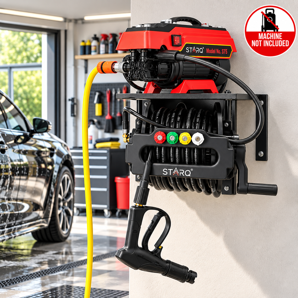 STARQ Wall Mounted Pressure Washer Stand with 15 Metre Hose Reel, Heavy Duty Metal Stand for Pressure Washer Accessories, Space Saving Wall Mount Storage for Home, Farmhouse, Car Detailing Centre & Workshop