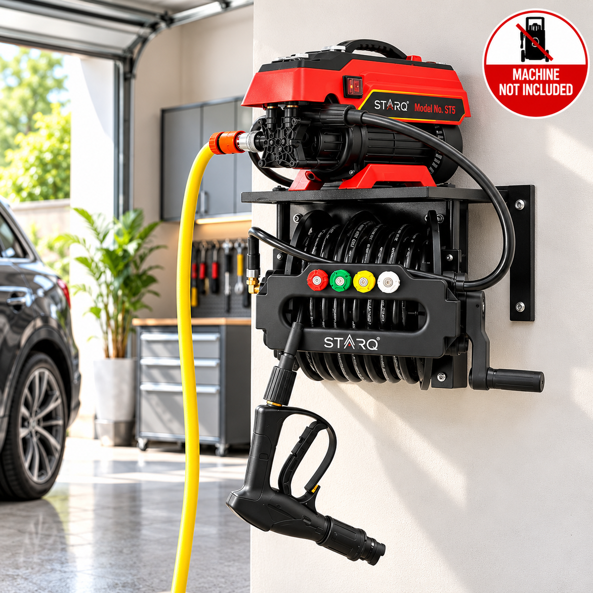 STARQ Wall Mounted Pressure Washer Stand with 15 Metre Hose Reel, Heavy Duty Metal Stand for Pressure Washer Accessories, Space Saving Wall Mount Storage for Home, Farmhouse, Car Detailing Centre & Workshop