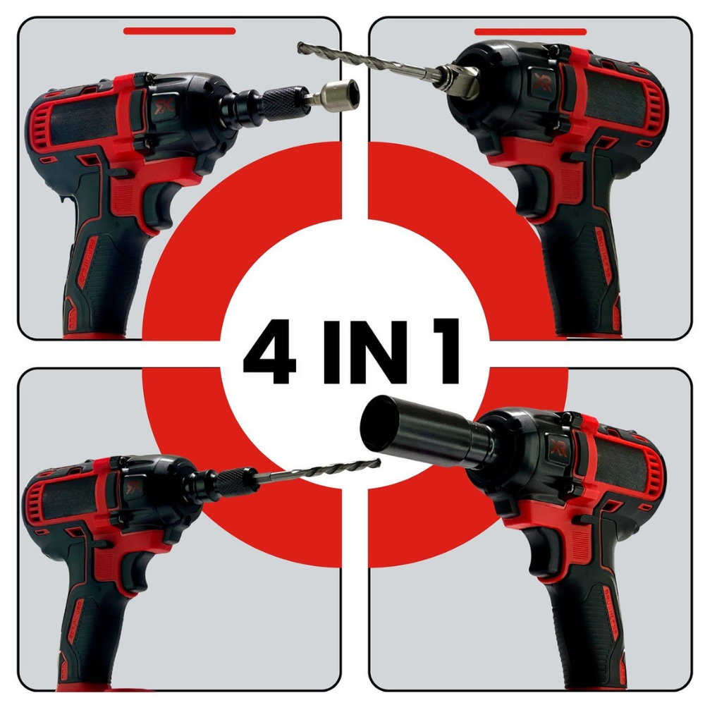 STARQ 4-in-1 Cordless Impact Wrench/Driver Drill 48V, 850Nm Torque, 2×5.0Ah Li-ion Batteries, Variable Speed, LED Light | 30-Piece Kit of Sockets & Bits, Fast Charger & Carry Case.