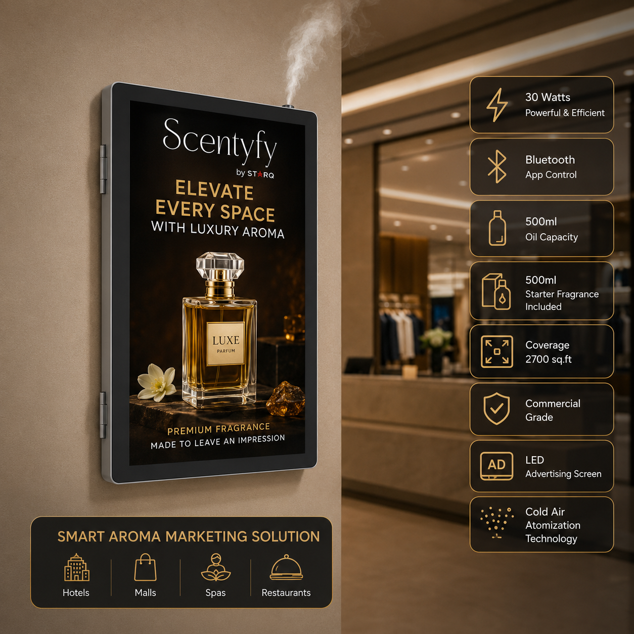 STARQ ADScent Smart Advertising Aroma Diffuser with Digital Display Screen, Commercial Scent Marketing & Digital Signage Solution for Retail Stores, Hotels, Offices & Showrooms Includes Complimentary 500ml Starter Pack Perfumes