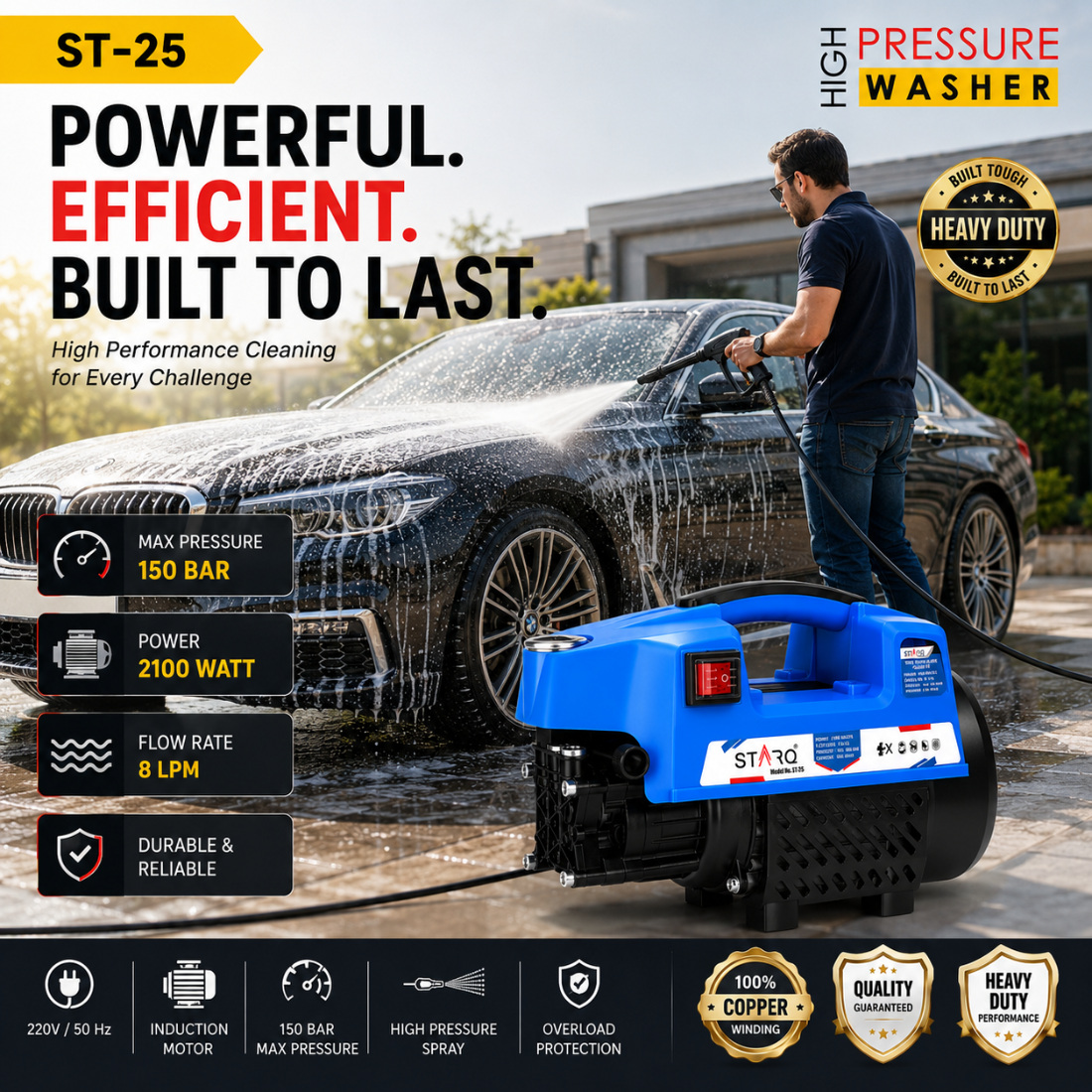 Starq ST25 High Pressure Washer, Car Washer, 2100 Watts Motor, 150 Bars, 8L/Min Flow Rate, 8 Meters Outlet Hose, Portable, Car, Bike & Home Cleaning