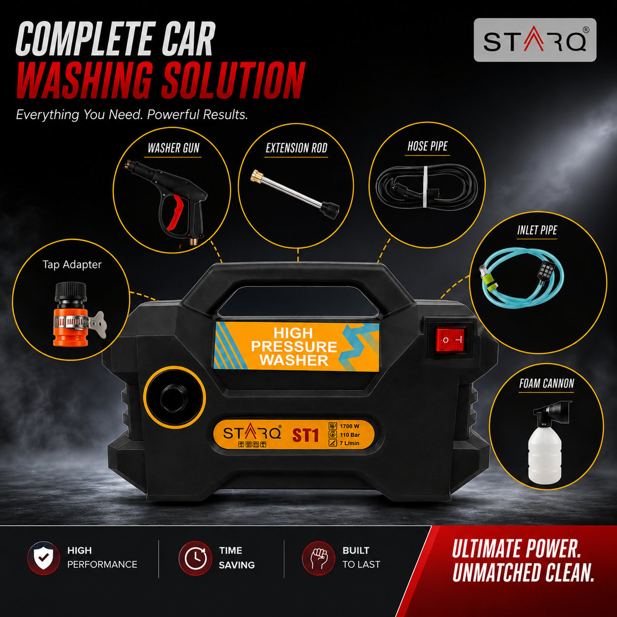 STARQ ST1 | 110 Bar 1700W | Heavy Duty High Pressure Washer for Car, Bike, Home | Pressure Adjustable | Red