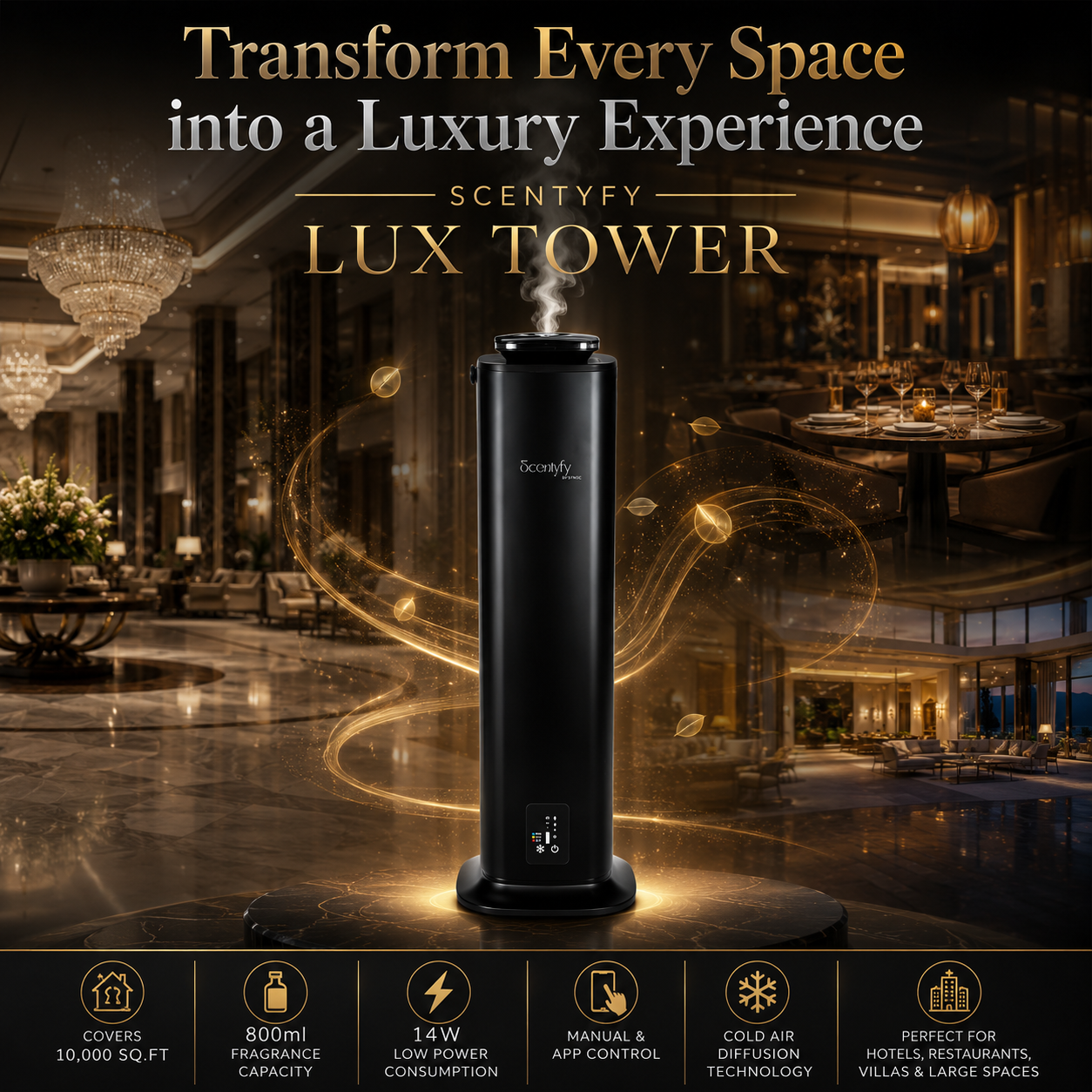 STARQ Lux Tower Luxury Smart Air Scent Diffuser Waterless Aroma Machine App Control Cold Atomization Ultra Quiet No Heat for Home & Office Includes Complimentary 300ml Starter Perfume
