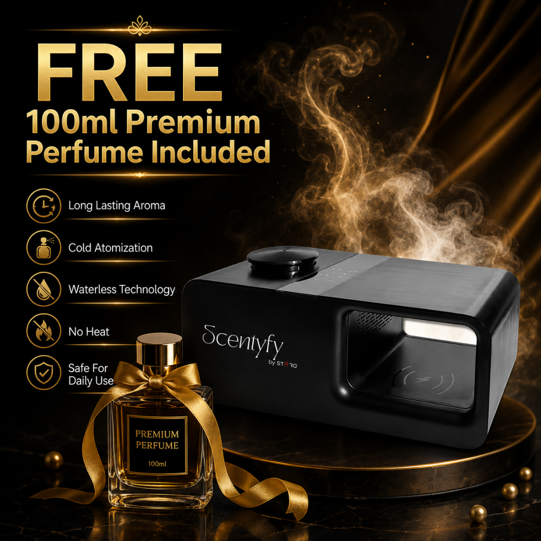 STARQ Trinity 3-in-1 Smart Perfume Diffuser with Bluetooth Speaker & Wireless Charger, Aromatherapy Essential Oil Diffuser, Home, Office & Bedroom Decor