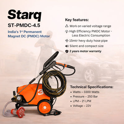 STARQ STPMDC 4.5 Commercial High Pressure Washer with PMDC Motor India’s 1st PMDC Pressure Washer 3300W 4.5HP 250 Bar 21 LPM 15m Hose for Car Bike Home & Truck Cleaning