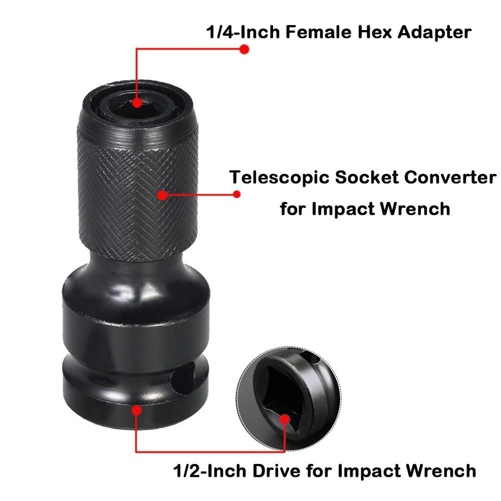 STARQ 1/2 Inch Square Drive To 1/4 Inch Hex Female Socket Adapter Quick Release Chuck Converter Drill Chucks Adaptor Conversion For Impact And Ratchet Wrench SD With Ring & Rod included