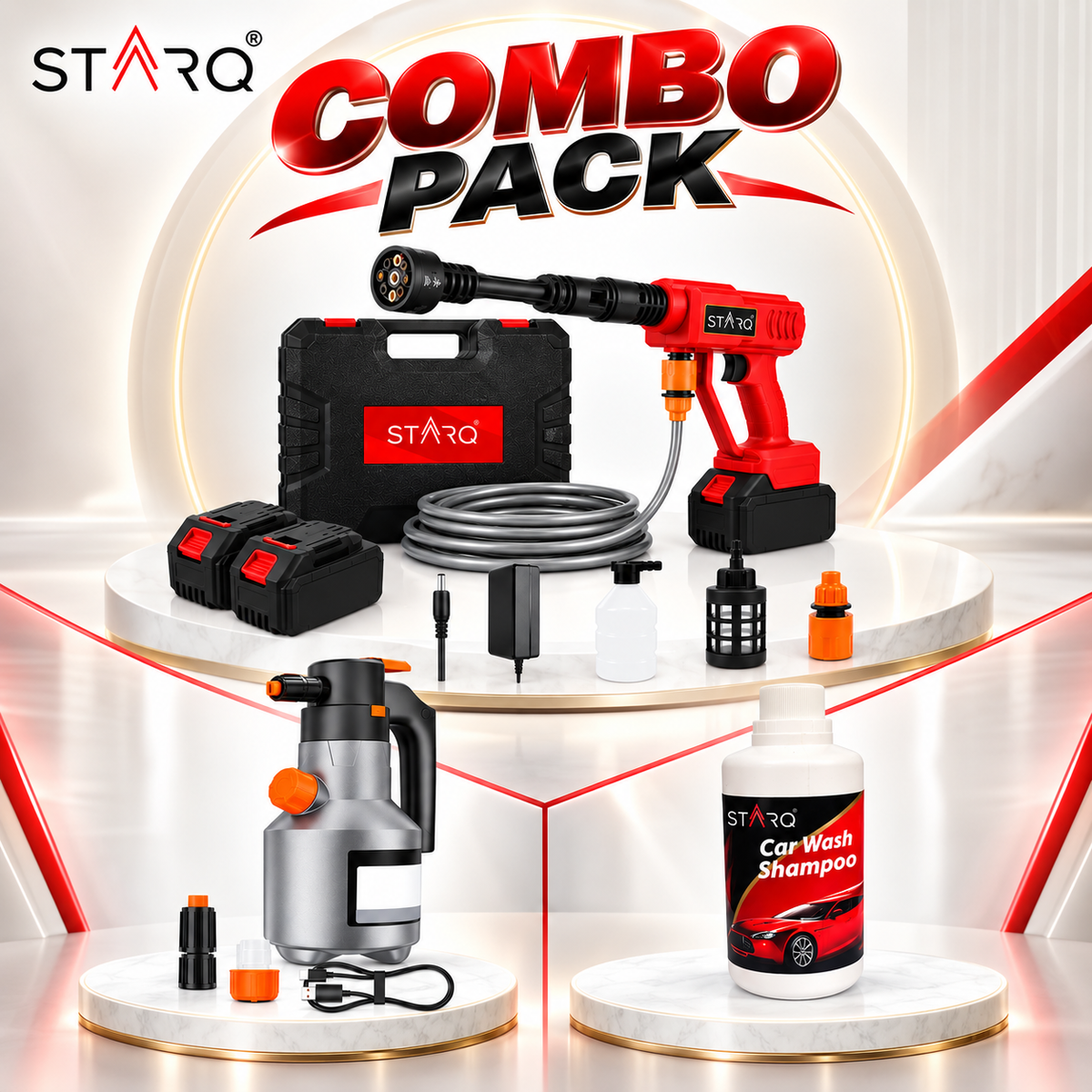 STARQ Car Wash Combo with Turbowash Cordless Pressure Washer, Electric Foam Sprayer 2.0 & 500ML Car Shampoo