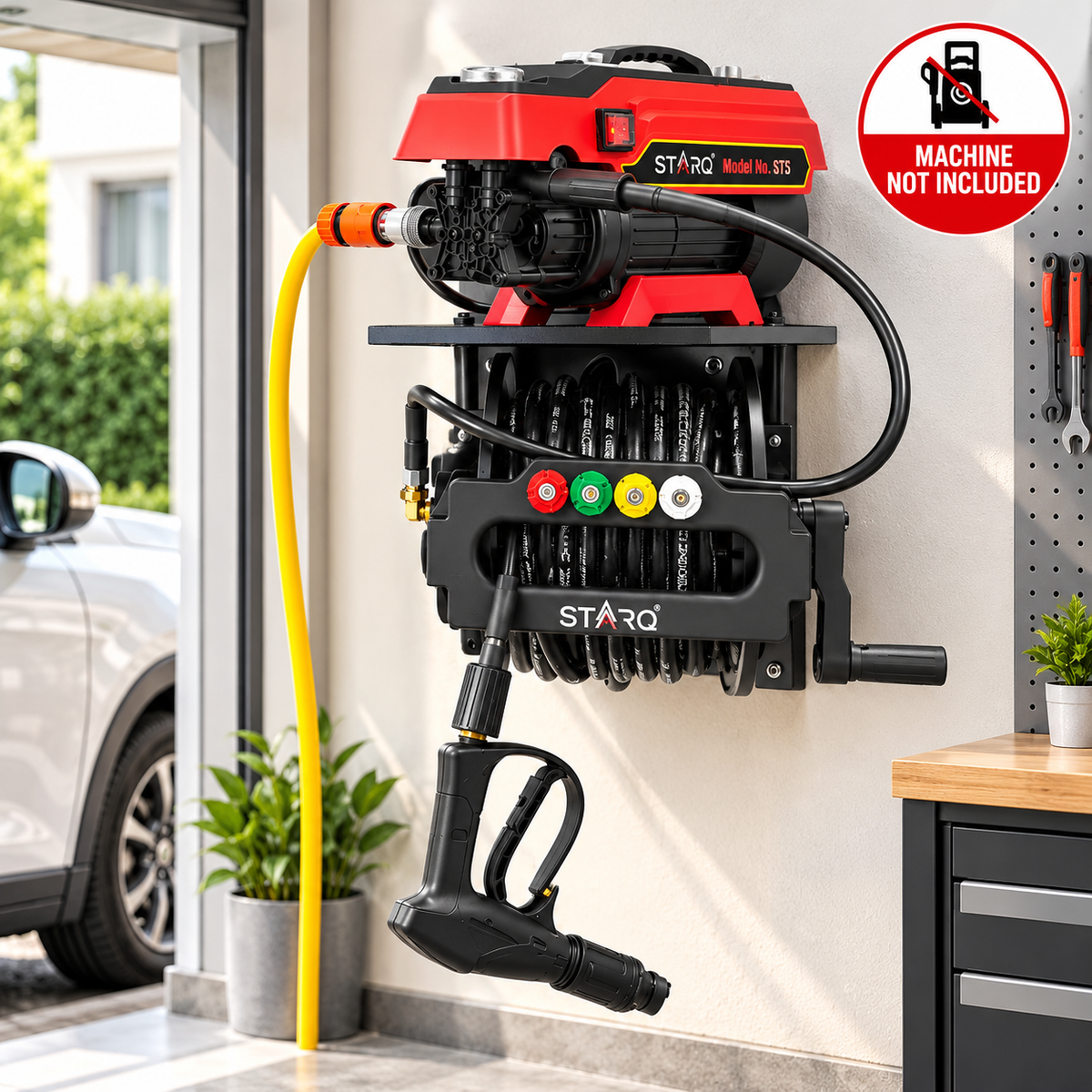 STARQ Wall Mounted Pressure Washer Stand with 15 Metre Hose Reel, Heavy Duty Metal Stand for Pressure Washer Accessories, Space Saving Wall Mount Storage for Home, Farmhouse, Car Detailing Centre & Workshop
