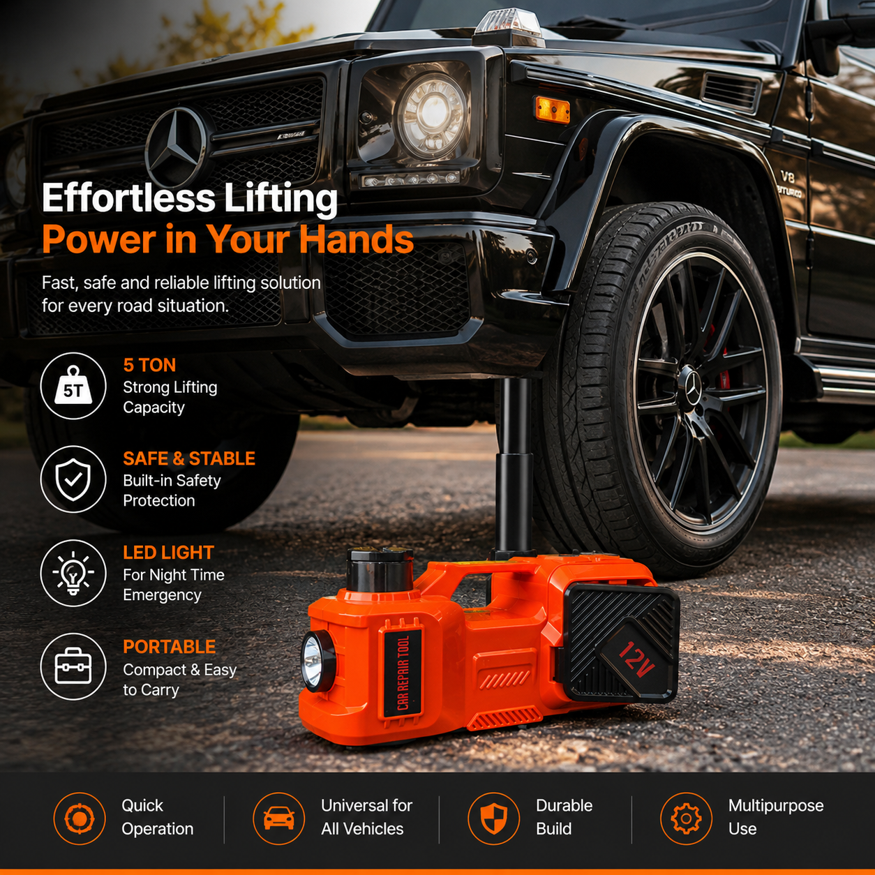 Starq 3in1 Electric Hydraulic Car Jack Kit with Impact Wrench and Tire Inflator Pump, 5 Ton 12V Hydraulic Jack with LED Light Lifting Range 6 to 17.7 inch Compactible for Car SUV MPV Sedan