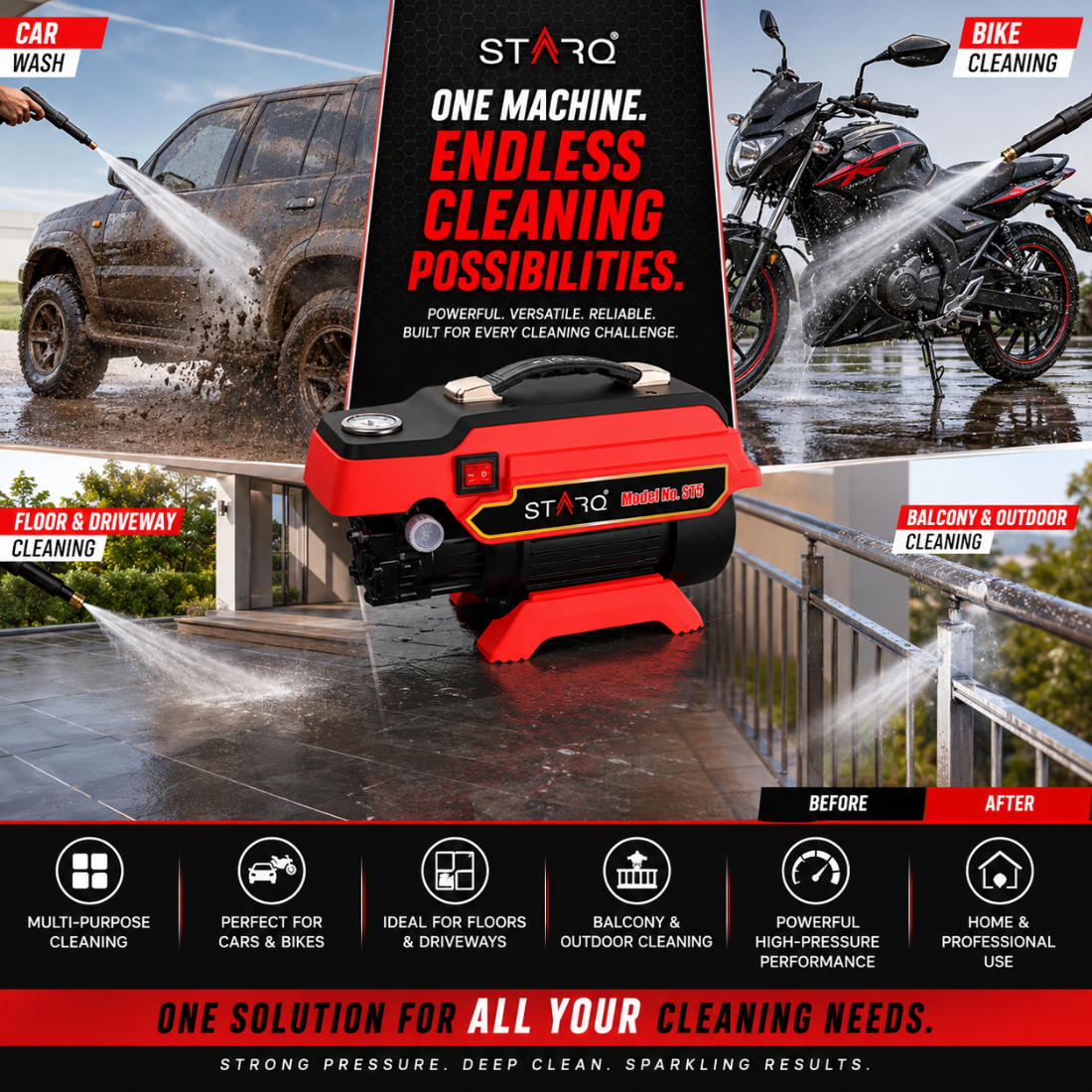 STARQ ST5 | 250 Bar 2500W | Heavy Duty High Pressure Washer for Car, Bike, Home | 1Ltr Professional Snow Foam Lance | Red