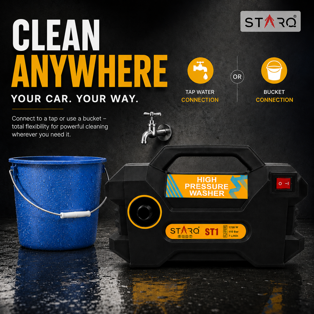 STARQ ST1 | 110 Bar 1700W | Heavy Duty High Pressure Washer for Car, Bike, Home | Pressure Adjustable | Red