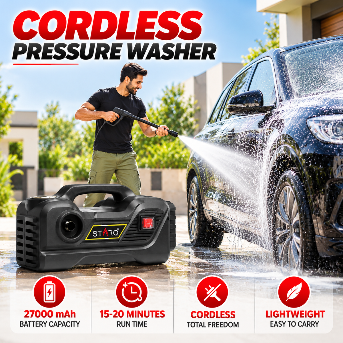 STARQ TurboMax 48V Cordless High Pressure Washer, 1020 Watts, 100 Bar, 8 LPM, with 2 x 27000mAh Batteries, 8 Meter Hose Portable Car, Bike, and Home Cleaning