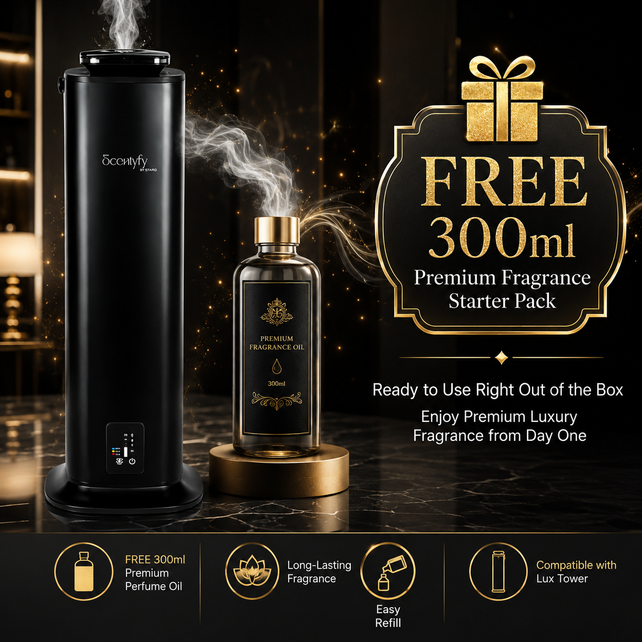 STARQ Lux Tower Luxury Smart Air Scent Diffuser Waterless Aroma Machine App Control Cold Atomization Ultra Quiet No Heat for Home & Office Includes Complimentary 300ml Starter Perfume