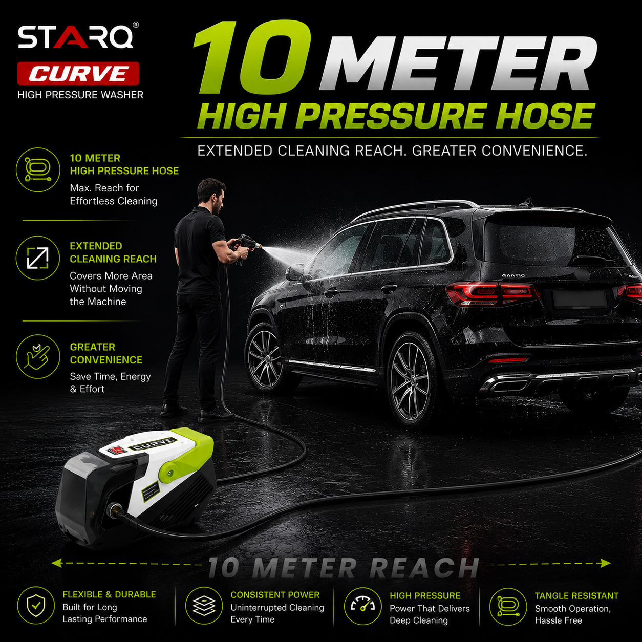 Starq curve High Pressure Washer, Car Washer, 3000 Watts Motor, 350 Bars, 15L/Min Flow Rate, 10 Meters Outlet Hose, Portable, Car, Bike & Home Cleaning