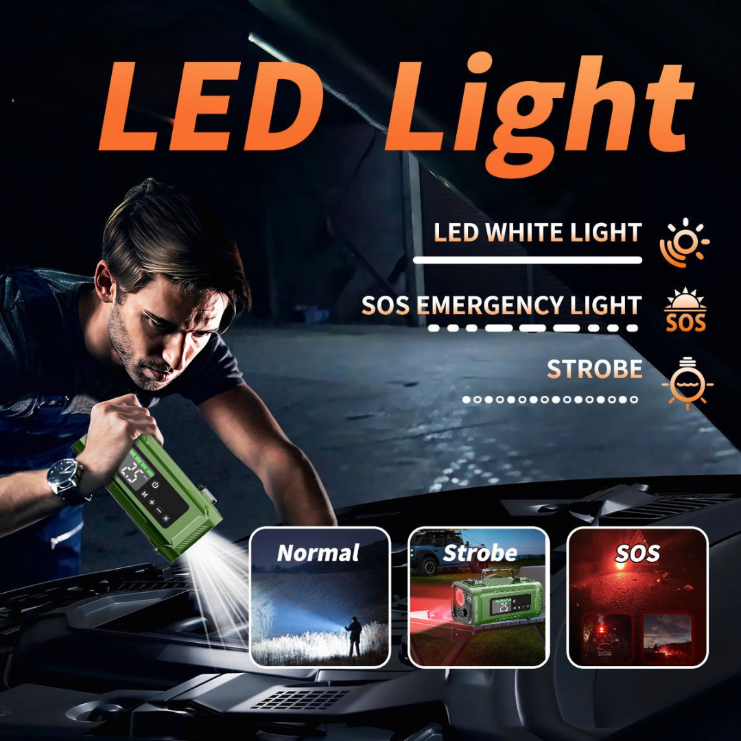 STARQ 7-in-1 Portable Jump Starter with Air Compressor, 15000mAh Battery, 2500A Peak Current, 150PSI Tyre Inflator, LED Emergency Light for Car, Bike & SUV