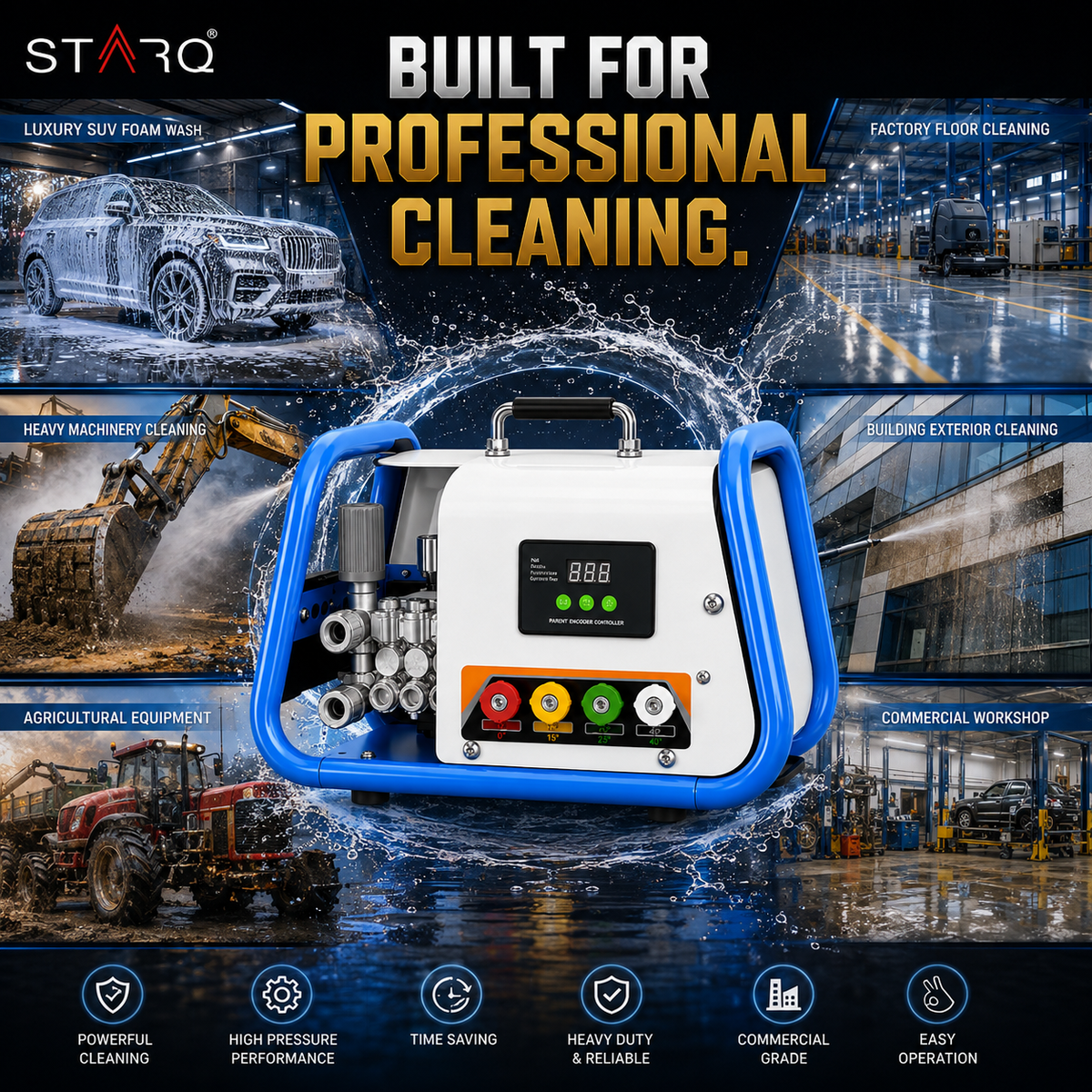 STARQ STPMDC 3.6 Commercial High Pressure Washer 2700W 3.6HP PMDC Motor 230 Bar 15 LPM Digital Display 15m Steel Braided Hose with QRC 4 Nozzles for Car Bike Home Truck