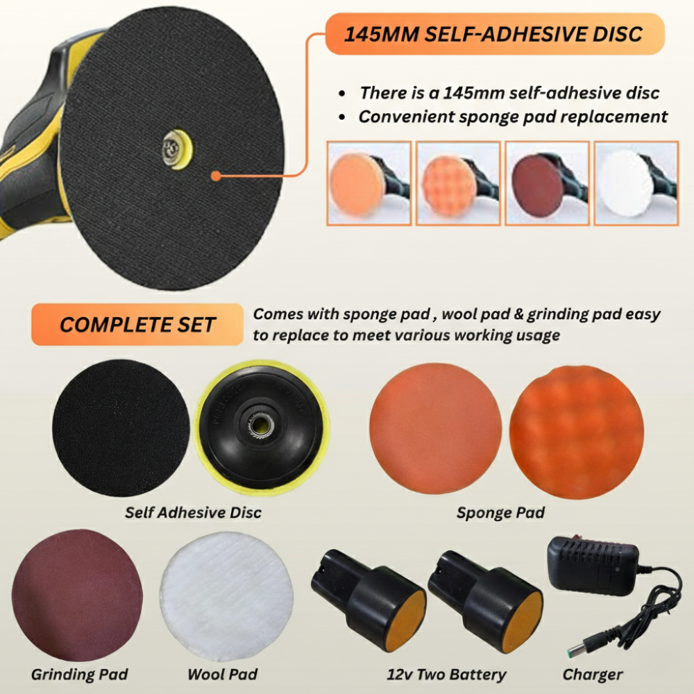 STARQ Cordless Polishing Machine for Car , 12V Cordless, 8 Speed Setting, Variable Speed Control, 2800-5800 RPM, 3500mAh Rechargeable 2 Batteries, Car Polish Machine