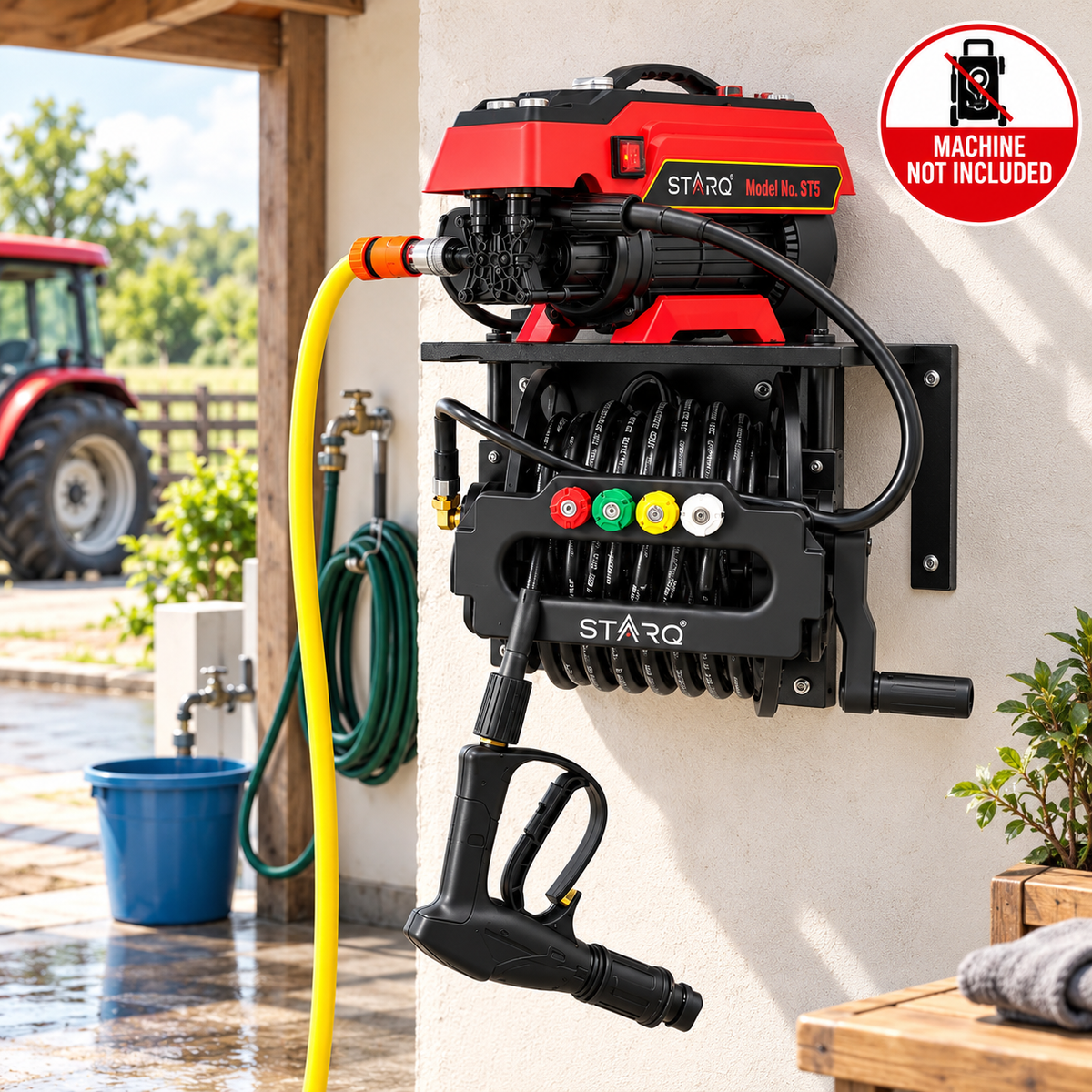 STARQ Wall Mounted Pressure Washer Stand with 15 Metre Hose Reel, Heavy Duty Metal Stand for Pressure Washer Accessories, Space Saving Wall Mount Storage for Home, Farmhouse, Car Detailing Centre & Workshop