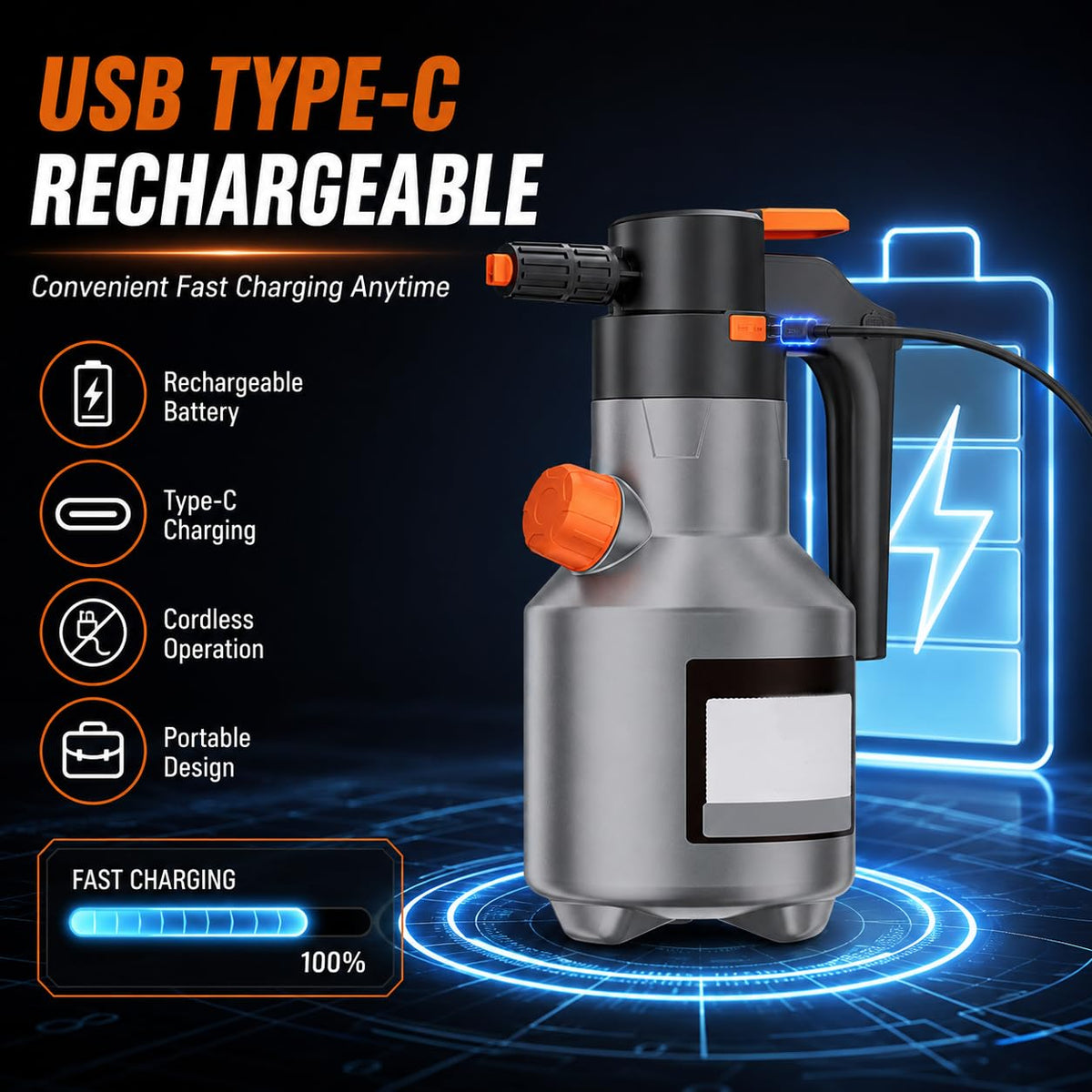 STARQ Foam Sprayer 2.0 Electric Foam Cannon 2L Cordless Rechargeable Foam Blaster with Side Filling System Adjustable Nozzle for Car Wash Bike Auto Detailing Garden & Home Cleaning