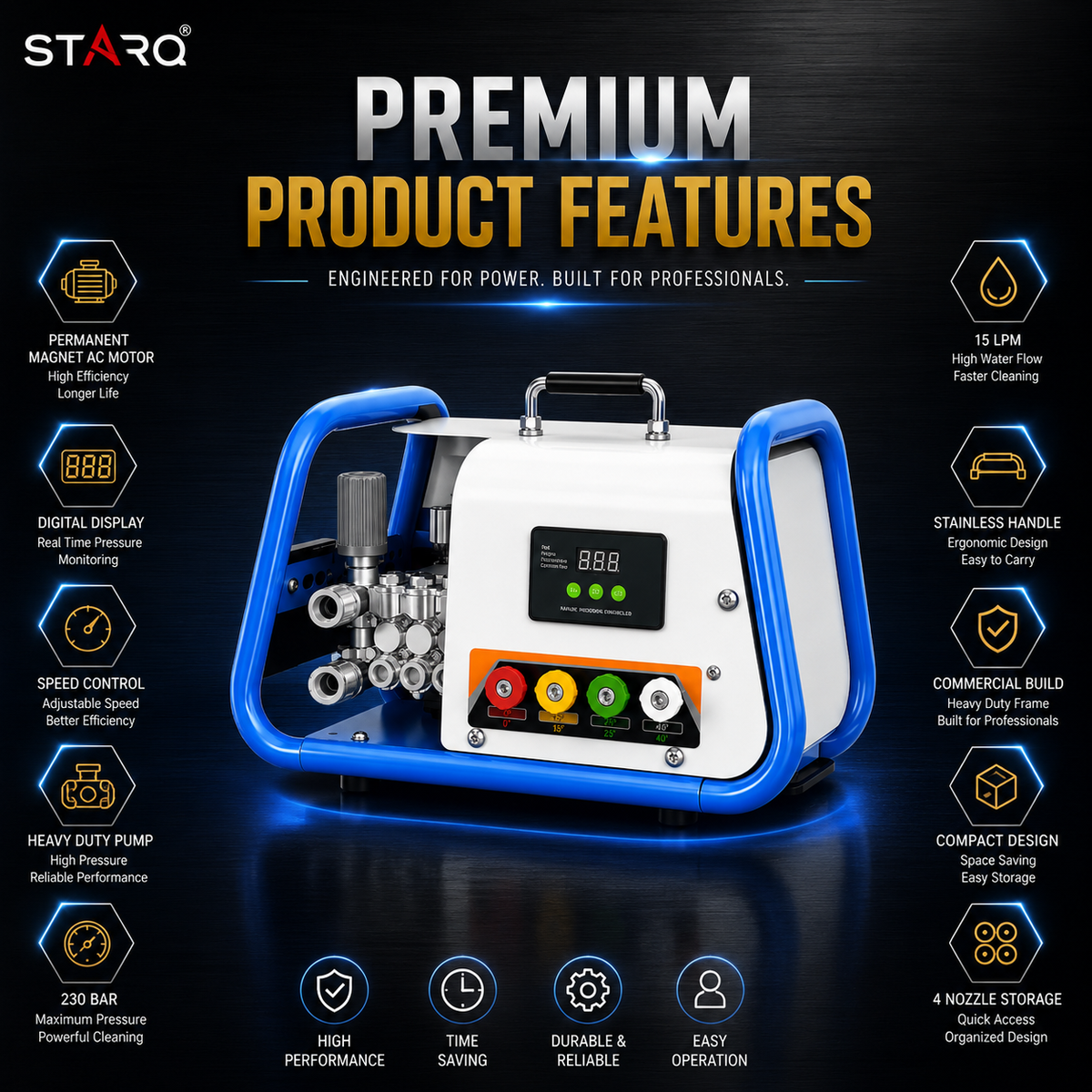 STARQ STPMDC 3.6 Commercial High Pressure Washer 2700W 3.6HP PMDC Motor 230 Bar 15 LPM Digital Display 15m Steel Braided Hose with QRC 4 Nozzles for Car Bike Home Truck
