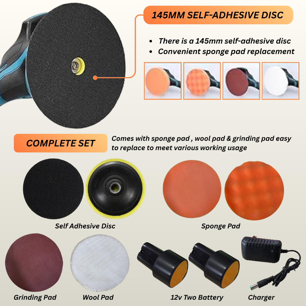 STARQ Cordless Polishing Machine for Car , 12V Cordless, 8 Speed Setting, Variable Speed Control, 2800-5800 RPM, 3500mAh Rechargeable 2 Batteries, Car Polish Machine