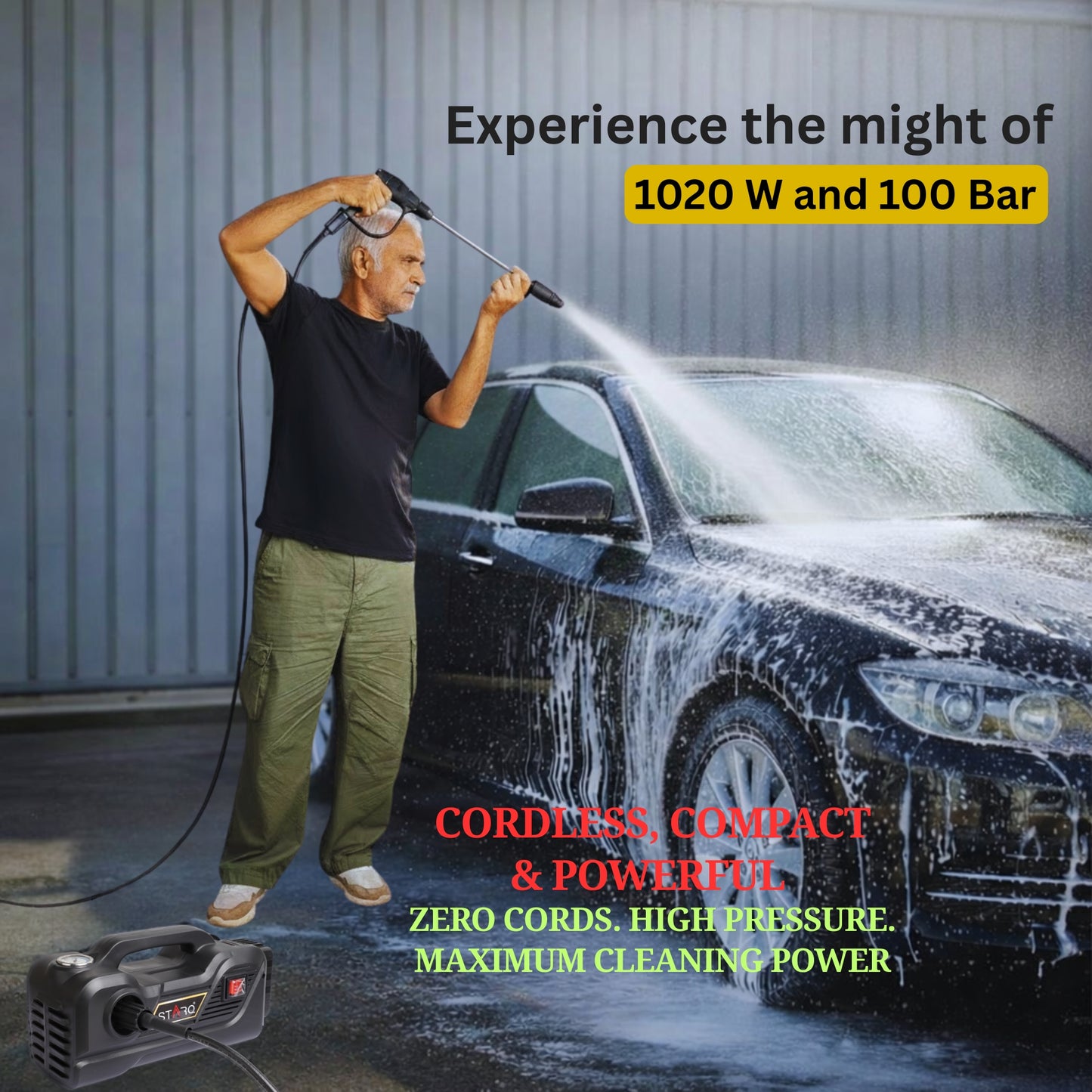 STARQ TurboMax 48V Cordless High Pressure Washer, 1020 Watts, 100 Bar, 8 LPM, with 2 x 4000mAh Batteries, 8 Meter Hose Portable Car, Bike, and Home Cleaning