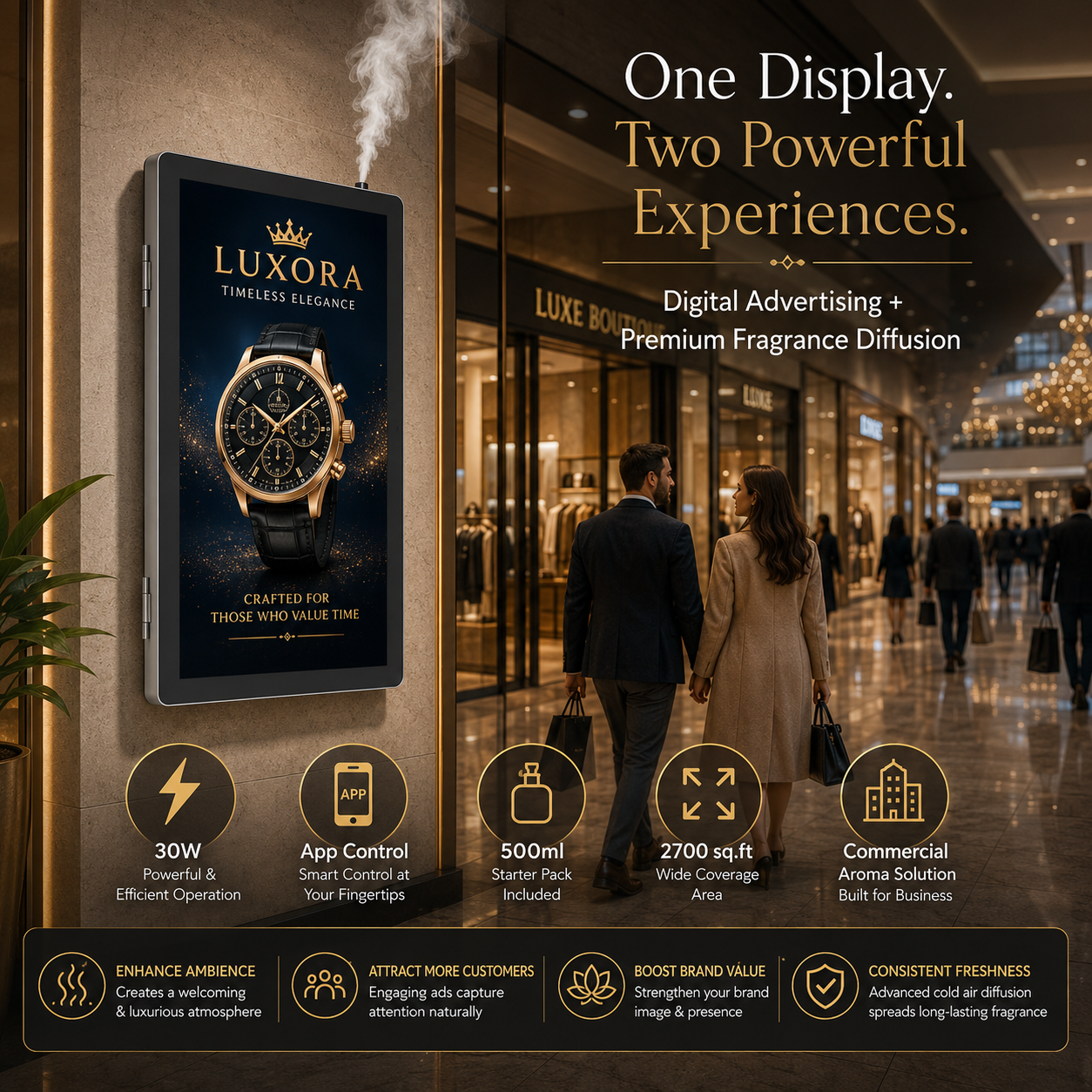 STARQ ADScent Smart Advertising Aroma Diffuser with Digital Display Screen, Commercial Scent Marketing & Digital Signage Solution for Retail Stores, Hotels, Offices & Showrooms Includes Complimentary 500ml Starter Pack Perfumes